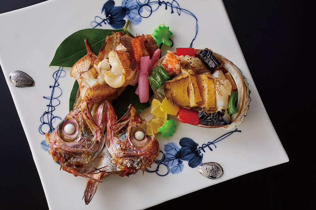 Photo: Grilled rosy seabass, grilled abalone and hermit crab